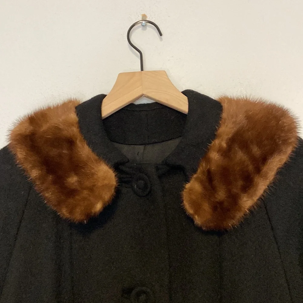 Vintage Alpaca Long Black Coat with Fur Trim Button Down Pea Coat Medium Wool